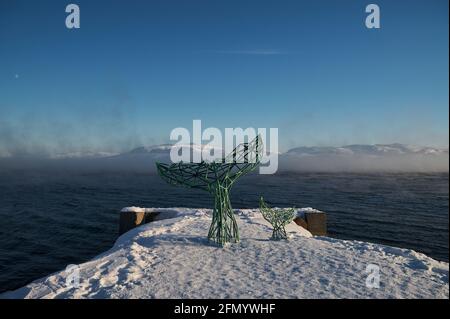 Teriberka, Murmansk region Russia - 01.19 2020: Whale metallic tail statue on the pictoresque village Stock Photo