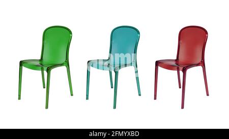 Red, green and blue acrylic chairs isolated on white background Stock Photo