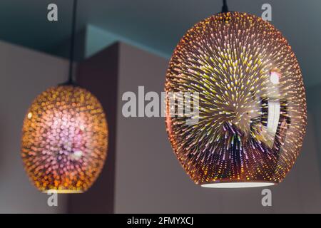 Red Led Interior Or Exterior Lamp For Illumination And Home Or Street Design. Red Lantern Closeup on Black Background Stock Photo