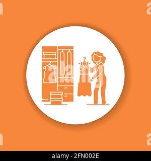 Woman standing in front of opened wardrobe with apparel hanging inside black glyph icon. Home leisure. Vector isolated illustration Stock Vector