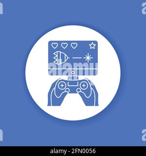 Computer games black glyph icon. Gamer holding joystick and playing video game. Home leisure. Vector isolated illustration. Stock Vector
