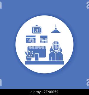 Girl at the laptop black glyph icon. Remote work freelancer. Home leisure. Indoor view of office with elements decor. Vector isolated illustration Stock Vector