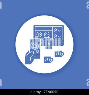 Video chatting black glyph icon. Virtual communication concept. Player window with people. Home leisure. Vector isolated illustration Stock Vector