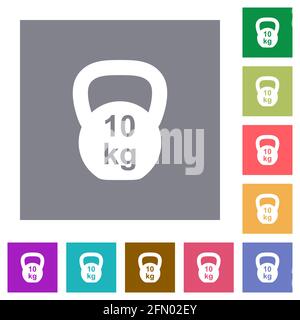 Kettlebel 10 Kg flat icons on simple color square backgrounds Stock Vector