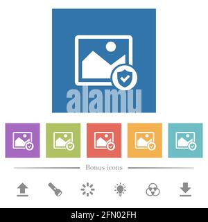 Protected image flat white icons in square backgrounds. 6 bonus icons included. Stock Vector