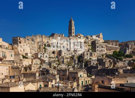 Panorama of famous Italian city Matera. Matera city in the region of Basilicata, in Southern Italy, is a complex of cave dwellings carved into the anc Stock Photo