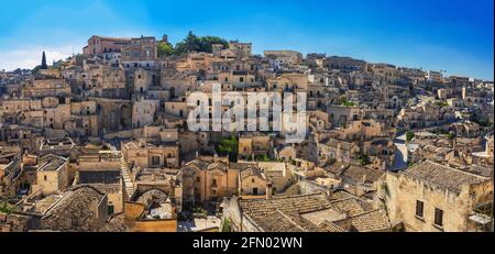 Panorama of famous Italian city Matera. Matera city in the region of Basilicata, in Southern Italy, is a complex of cave dwellings carved into the anc Stock Photo