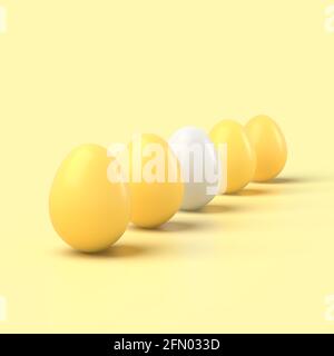 3d simple yellow easter eggs and one white egg on pastel background 3d illustration. 3d render easter holiday. Stock Photo