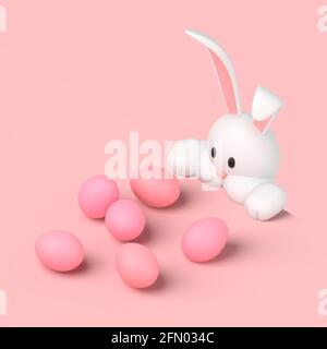 3d simple easter bunny rabbit hiding and spies on pink painted egg on pink pastel background 3d illustration. Easter holiday. Isometric view Stock Photo
