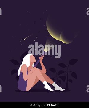 Young female character sitting and holding a flashlight and illuminate the planets and stars. Flat editable vector illustration, clip art Stock Vector