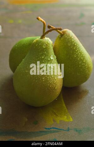 Green yellow pears with red sides lying on a gray board painted with yellow paint in the sunlight Stock Photo