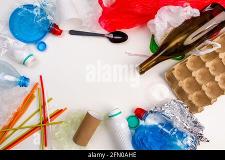 Samples of trash that can be recycled isolated on white background. Copy space Stock Photo