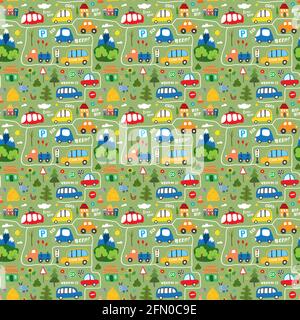 Cute Cars Seamless Pattern, Cartoon transportation Doodles Background, vector Illustration. Stock Vector