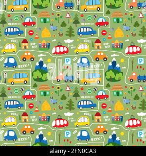 Cute Cars Seamless Pattern, Cartoon transportation Doodles Background, vector Illustration. Stock Vector