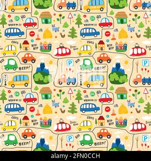 Cute Cars Seamless Pattern, Cartoon transportation Doodles Background, vector Illustration. Stock Vector