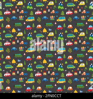 Cute Cars Seamless Pattern, Cartoon transportation Doodles Background, vector Illustration. Stock Vector