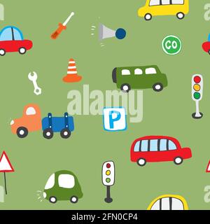 Cute Cars Seamless Pattern, Cartoon transportation Doodles Background, vector Illustration. Stock Vector