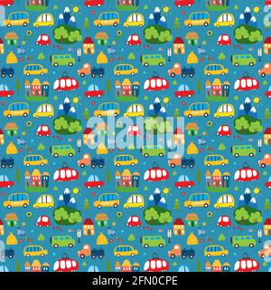 Cute Cars Seamless Pattern, Cartoon transportation Doodles Background, vector Illustration. Stock Vector