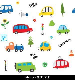 Cute Cars Seamless Pattern, Cartoon transportation Doodles Background, vector Illustration. Stock Vector