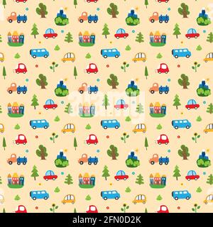 Cute Cars Seamless Pattern, Cartoon transportation Doodles Background, vector Illustration. Stock Vector