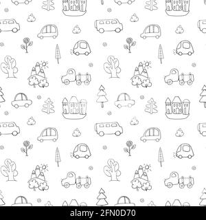 Cute Cars Seamless Pattern, Cartoon transportation Doodles Background, vector Illustration. Stock Vector