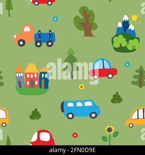 Cute Cars Seamless Pattern, Cartoon transportation Doodles Background, vector Illustration. Stock Vector