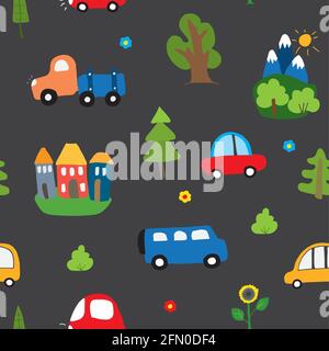 Cute Cars Seamless Pattern, Cartoon transportation Doodles Background, vector Illustration. Stock Vector