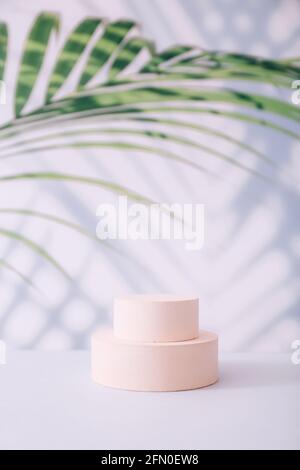 Exhibition podium with geometric shapes on a light background with palm leaves and shadows. Mockup Stock Photo