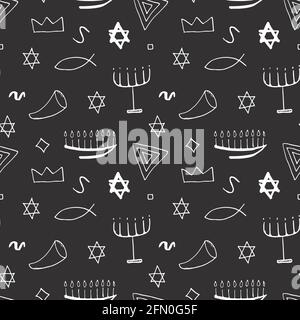 Jewish items seamless pattern, Jewish hand drawn lineart icons ...