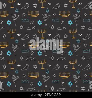 Jewish items seamless pattern, Jewish hand drawn lineart icons ...