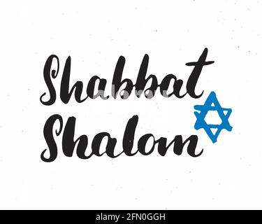 Shalom Shabbat lettering, Jewish greeting for religious holiday handwritten sign, Hand drawn grunge calligraphic text. Vector illustration. Stock Vector