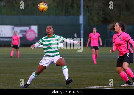 East Kilbride, UK. 12th May, 2021. Mariah Lee (#7) of Celtic Women FC watches the ball as it comes down during the Scottish Building Society Scottish Women's Premier League 1 Fixture Celtic FC Vs Glasgow City, K-Park Training Academy, East Kilbride, Glasgow, 12/05/2021 | Credit: Colin Poultney/Alamy Live News Stock Photo