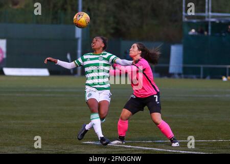 East Kilbride, UK. 12th May, 2021. Mariah Lee (#7) of Celtic Women FC watches the ball as it comes down during the Scottish Building Society Scottish Women's Premier League 1 Fixture Celtic FC Vs Glasgow City, K-Park Training Academy, East Kilbride, Glasgow, 12/05/2021 | Credit: Colin Poultney/Alamy Live News Stock Photo