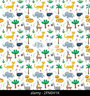 Cute Animals Seamless pattern. Cartoon Animals and plants doodles. Cartoon Vector illustration. Stock Vector