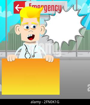 Funny cartoon doctor holding blank sign. Vector illustration. Health care worker with a big banner, paper, poster. Stock Vector