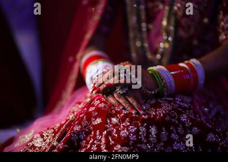 indian wedding couple hand with engagement rings. Stock Photo