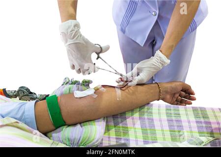 Nurse and patient blood samples. Donated blood in blood lab isolated on white background.Saved with clipping path. Stock Photo