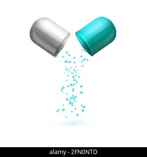 Open capsule with falling out granules isolated on white background.  Stock Vector