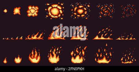 Pixel fire animation. Red hot flame, burning effect fire border and fiery explosion vector illustration set. Pixelated 8 bit game fire flames steps Stock Vector