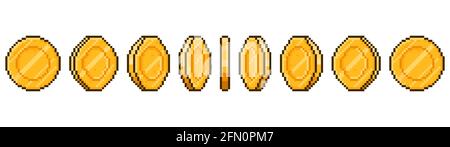 Pixel art coin animation. Game ui golden coins rotation stages, pixel game money animated frames vector illustration. Gold 8 bit coins animation Stock Vector