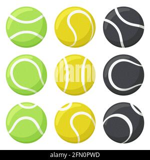 Tennis balls. Sport, fitness equipment, black, yellow and green tennis balls in various angles vector illustration set. Tennis game balls Stock Vector