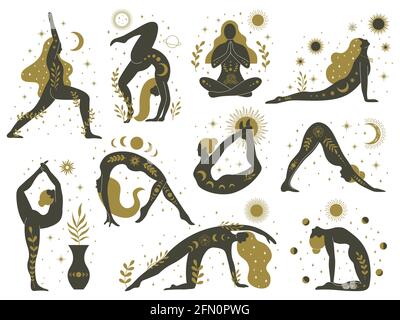 Magical yoga women. Mystical esoteric female silhouettes, minimalist meditating girls vector illustrations set. Yoga feminine contemporary concept Stock Vector