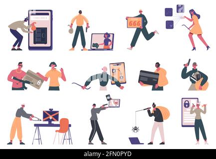 Cyber criminals. Hacker criminal characters, data stealing, internet fraud and security system hacking vector illustration set. Internet hacking Stock Vector