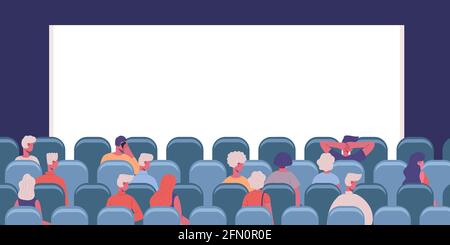 People in cinema. Movie theatre male and female characters view from back vector illustration. Men and women watching movie back view Stock Vector