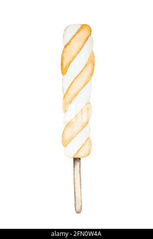 Watercolor painting yellow-and-white popsicle on stick isolated on white background. Fruit ice hand drawn illustration. Stock Photo