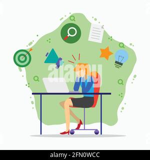 Business woman feeling depressed while thinking to increase sale and reach the target with decorative background in modern flat business illustration Stock Vector