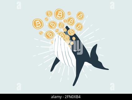 Whale eating Bitcoin. Bitcoin Whales are considered market players with significant funds that are able to move the cryptocurrency market. Stock Vector