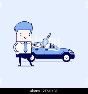 Businessman holding a key of a new car. Cartoon character thin line style vector. Stock Vector