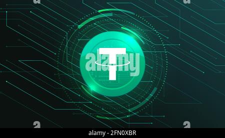 Tether coin with crypto currency themed banner. Tether or USDT icon on modern neon color background. Cryptocurrency Blockchain technology, digital FIA Stock Vector