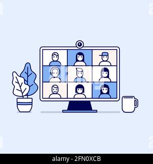 Colleagues talk to each other on the computer screen. Conference video call, working from home. Stock Vector